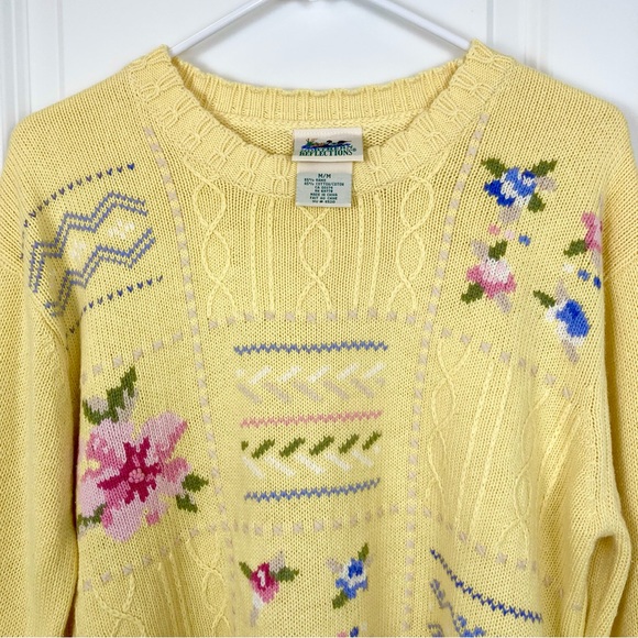 VTG Northern Reflections Floral Cable Knit Pastel Grandma Sweater Yellow Medium - Picture 1 of 6